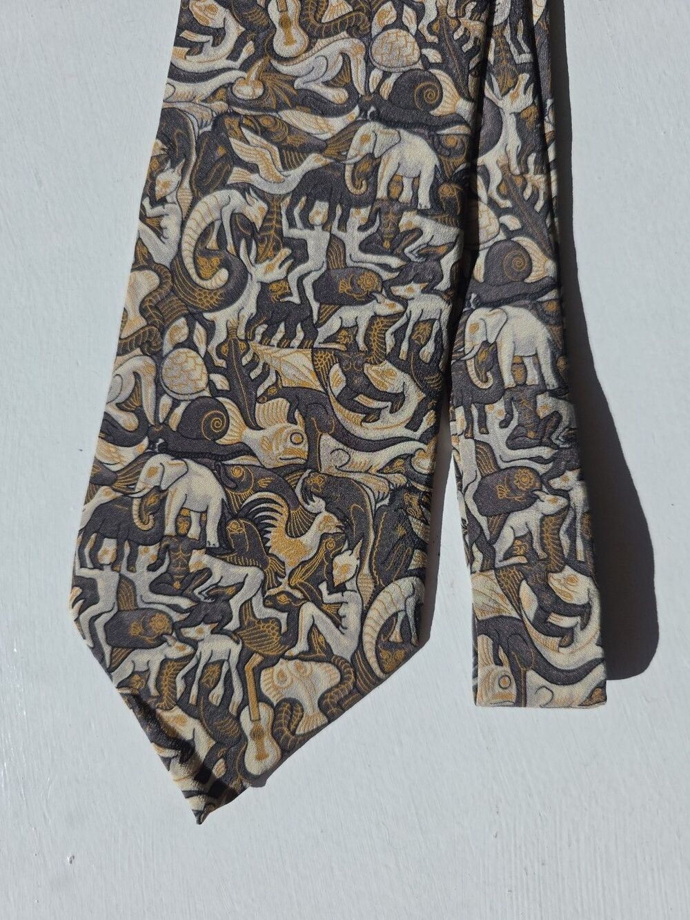 MC Escher Silk Tie Neutral Brown, Beige Animals, Optical Illusion Avant Garde